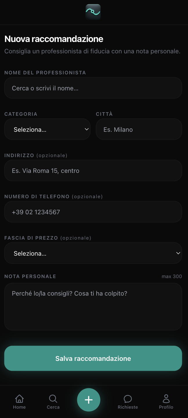 Schermata Nuova raccomandazione di Filo